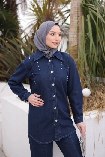 Koyu Mavi Taşlı Ceket Pantolonlu Kot Takım