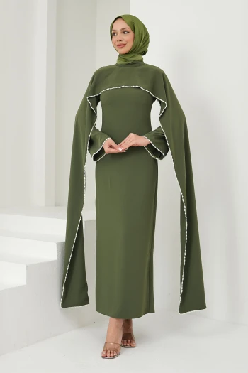 Koyu Yağ Yeşili İnci Detaylı Pelerinli Abiye