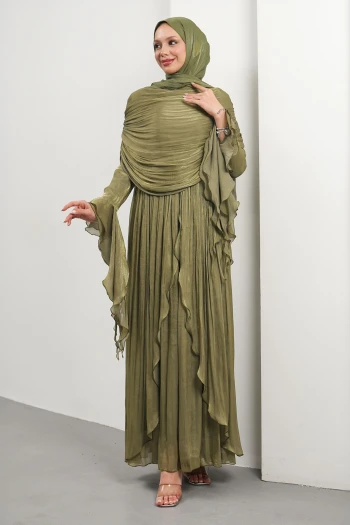 Koyu Yağ Yeşili Seyyar Pelerinli Fırfırlı Abiye