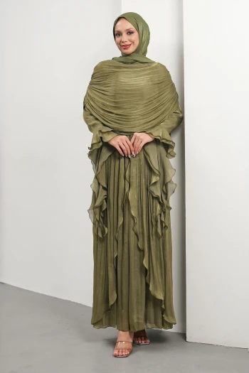 Koyu Yağ Yeşili Seyyar Pelerinli Fırfırlı Abiye