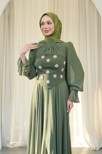 Koyu Yağ Yeşili Taş İşlemeli Büstiyerli Abiye