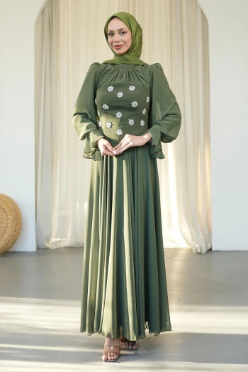 Koyu Yağ Yeşili Taş İşlemeli Büstiyerli Abiye