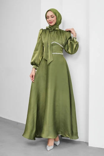 Koyu Yağ Yeşili Yakası Fiyonklu Beli Taş Detaylı Balon Kol Abiye