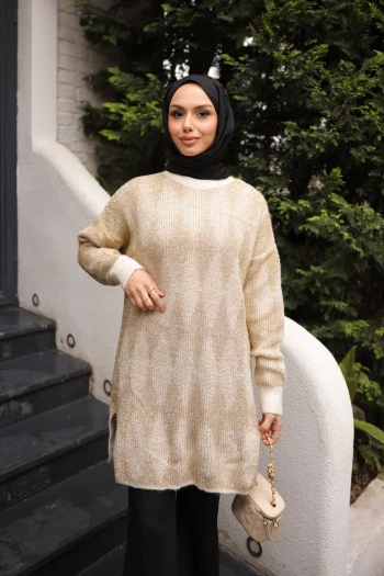 Krem Bisiklet Yaka Simli Triko Kazak