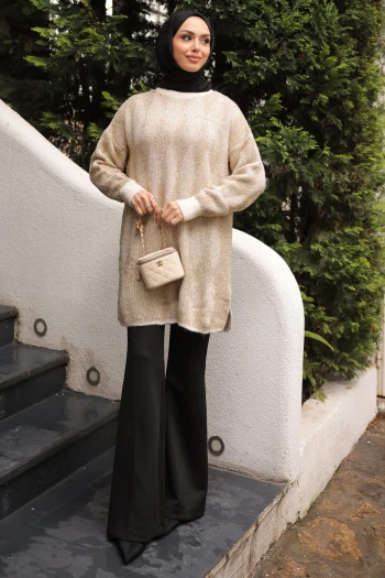 Krem Bisiklet Yaka Simli Triko Kazak