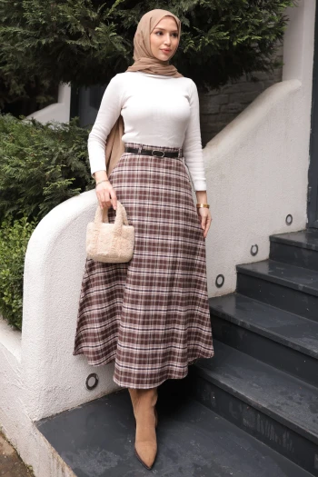 Krem / Kahverengi Beli Kemerli Yandan Cepli Ekose Kloş Etek