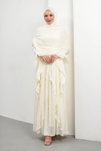 Krem Seyyar Pelerinli Fırfırlı Abiye