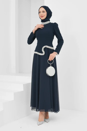 Lacivert Asimetrik Detaylı Taşlı Abiye