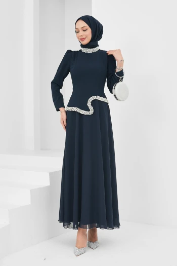 Lacivert Asimetrik Detaylı Taşlı Abiye