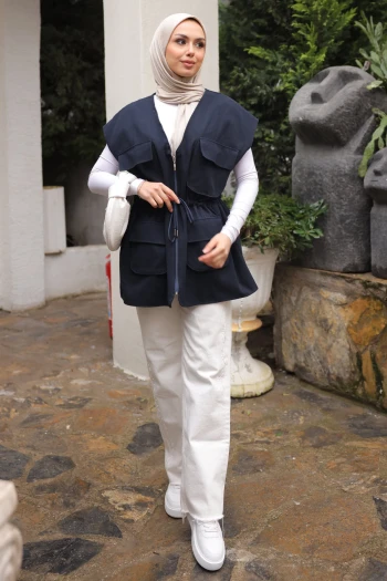 Lacivert Bel Bağlamalı Cepli Astarlı Gabardin Yelek