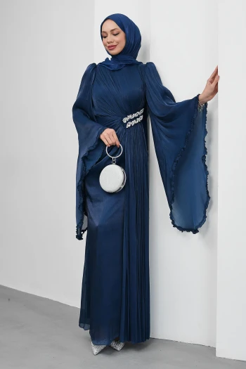 Lacivert Bel Taşlı Şifon Abiye