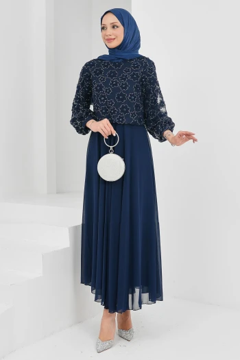 Lacivert Boncuk İşlemeli Abiye