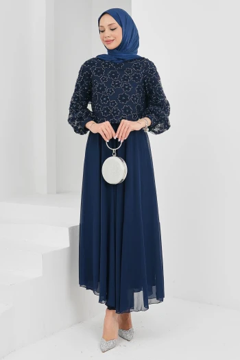 Lacivert Boncuk İşlemeli Abiye