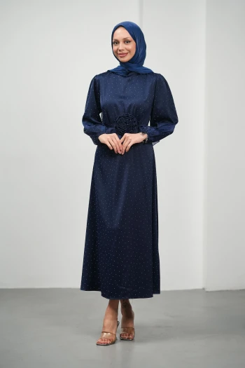Lacivert Çiçek Kemerli Taşlı Saten Abiye