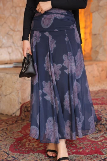 Lacivert Desenli Beli Büzgü Detaylı İçi Astarlı Şifon Etek