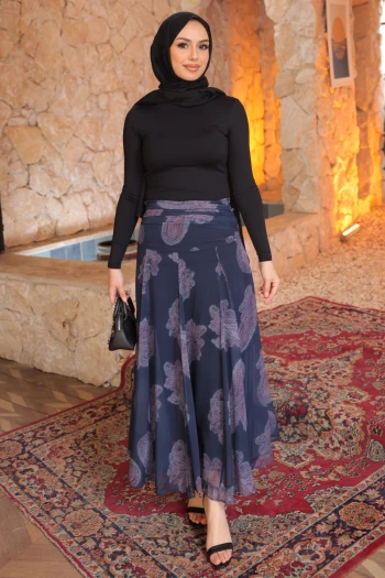Lacivert Desenli Beli Büzgü Detaylı İçi Astarlı Şifon Etek
