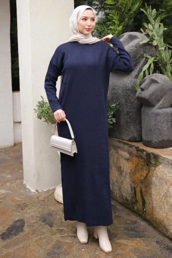 Lacivert Dik Yaka Fitilli Triko Elbise