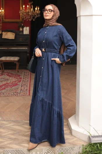 Lacivert Düğmeli Lastik Kemerli Kot Elbise