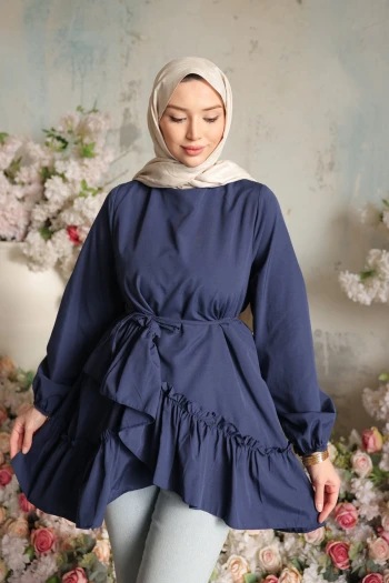 Lacivert Eteği Katlı Fırfırlı Tunik