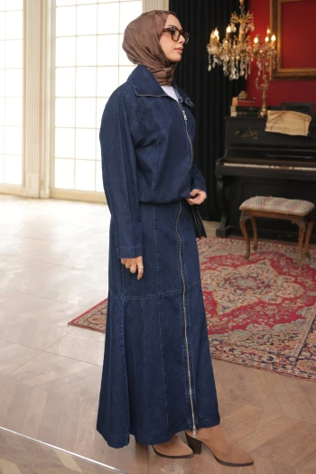 Lacivert Fermuarlı Ceket Etek Kot Takım