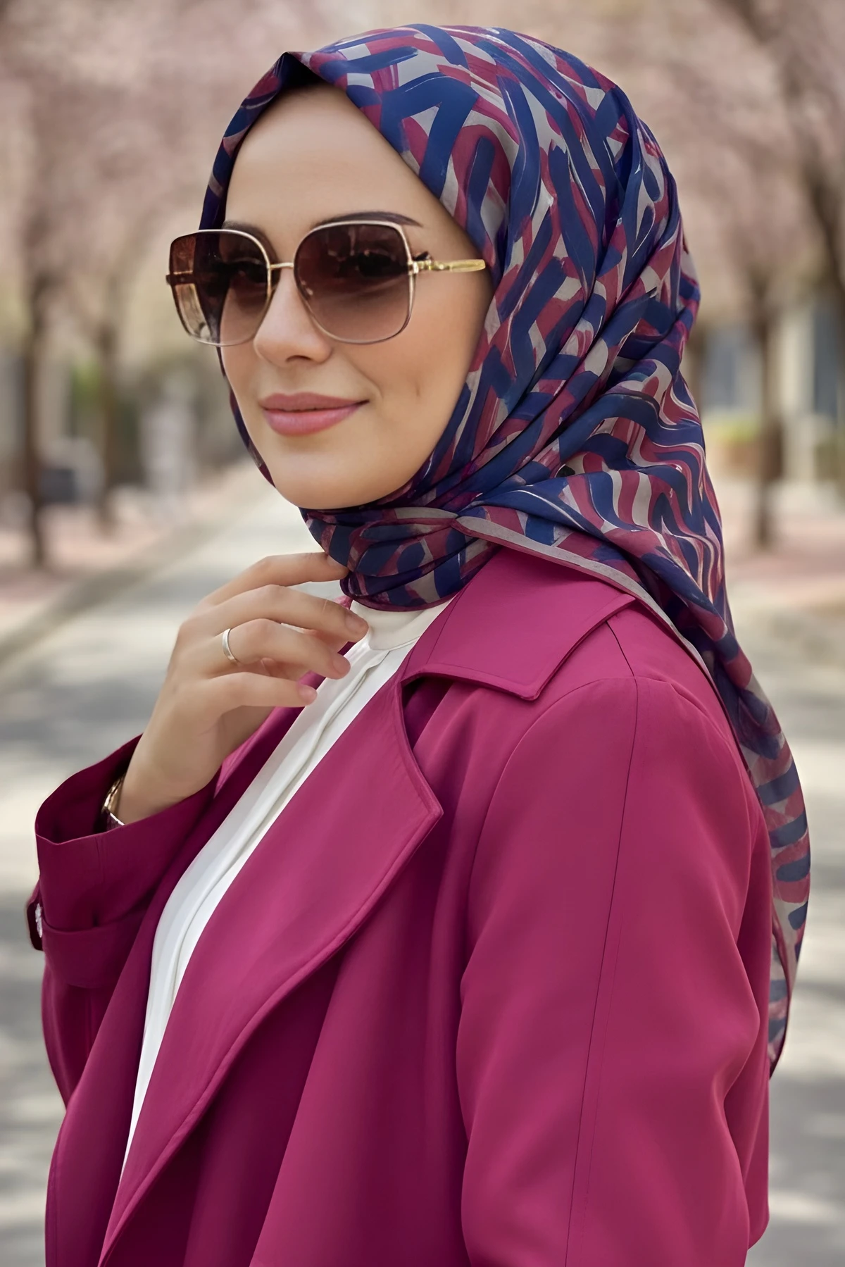 Lacivert / Fuşya Soft Dijital Pamuklu Eşarp