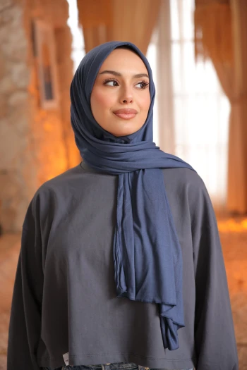 Lacivert Helen Önü Süngerli Pratik Penye Şal