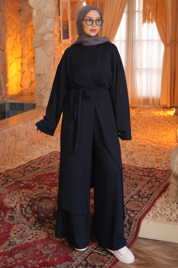 Lacivert Hırka Sweat Pantlonlu Geniş Kalıp 3'lü Modal Takım