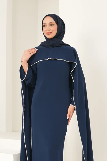 Lacivert İnci Detaylı Pelerinli Abiye