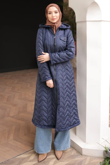 Lacivert Kapüşonlu İçi Kürklü Kaban