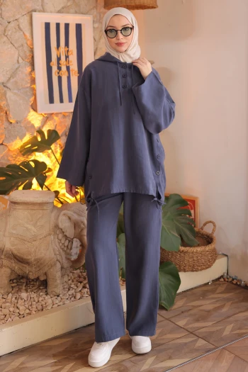 Lacivert Kapüşonlu Tunik Pantolonlu Takım