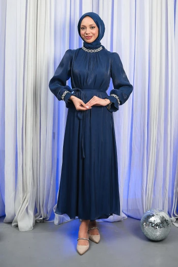 Lacivert Kol Yaka Taşlı Abiye