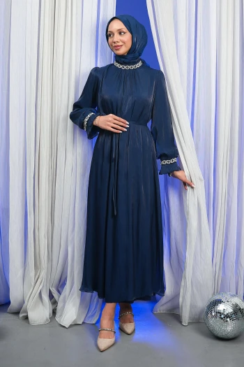 Lacivert Kol Yaka Taşlı Abiye