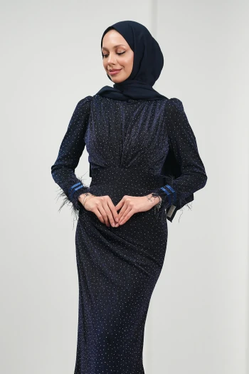 Lacivert Kolları Tüğlü Taşlı Abiye