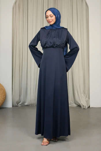 Lacivert Omuzları Vatkatlı Saten Abiye