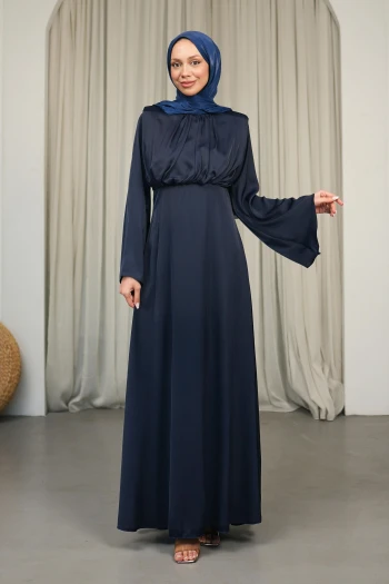 Lacivert Omuzları Vatkatlı Saten Abiye