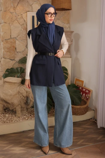 Lacivert Omuzu Dik Vatkalı Kemerli Astarlı Yelek
