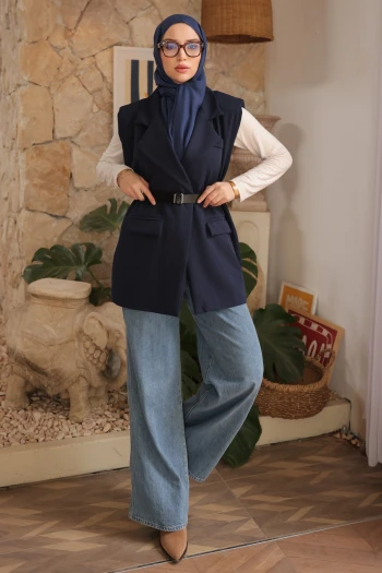 Lacivert Omuzu Dik Vatkalı Kemerli Astarlı Yelek