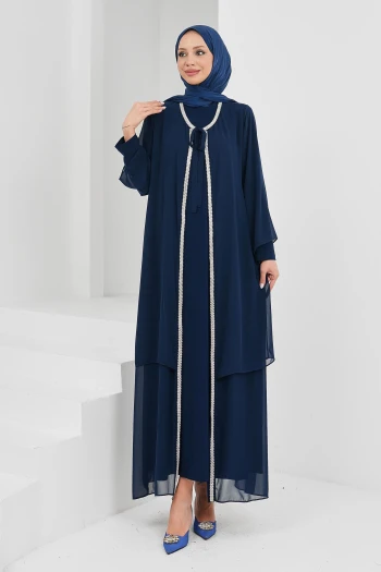 Lacivert Ön Bağlamalı Taşlı Abya Takım