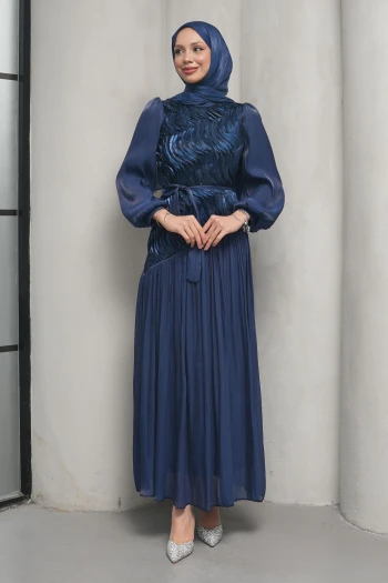 Lacivert Önü Dalgalı Organze Piliseli Abiye