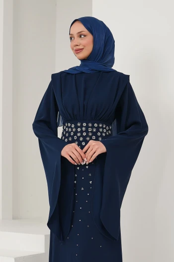 Lacivert Önü Drapeli Taş İşlemeli Abiye