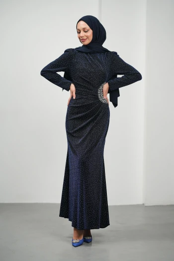 Lacivert Önü Drapeli Taşlı Abiye