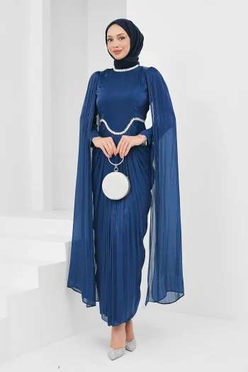 Lacivert Önü Drapeli Taşlı Abiye
