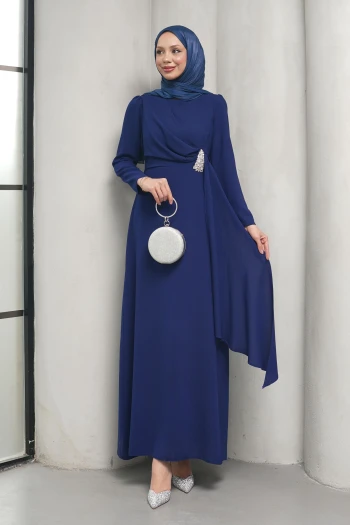 Lacivert Önü Drapeli Taşlı Abiye