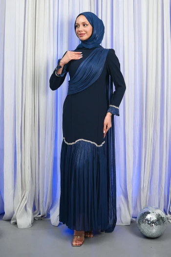 Lacivert Önü Drapeli Taşlı Tasarım Abiye