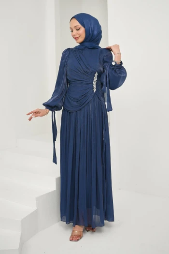 Lacivert Önü Taş Detaylı Kol Bağlamalı Abiye