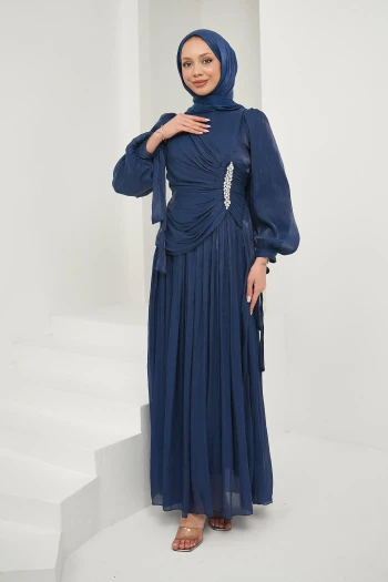 Lacivert Önü Taş Detaylı Kol Bağlamalı Abiye