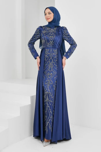 Lacivert Önü Taşlı Saten Abiye