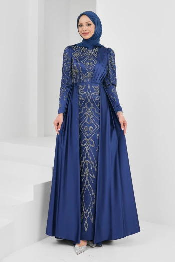 Lacivert Önü Taşlı Saten Abiye