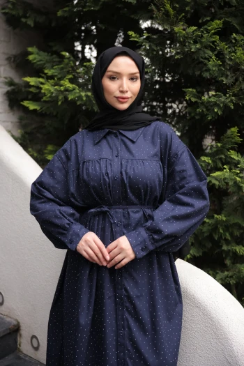 Lacivert Oversize Taşlı Düğmeli Gabardin Tunik