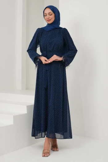 Lacivert Serpme Taşlı Kolu Tüğlü Abiye
